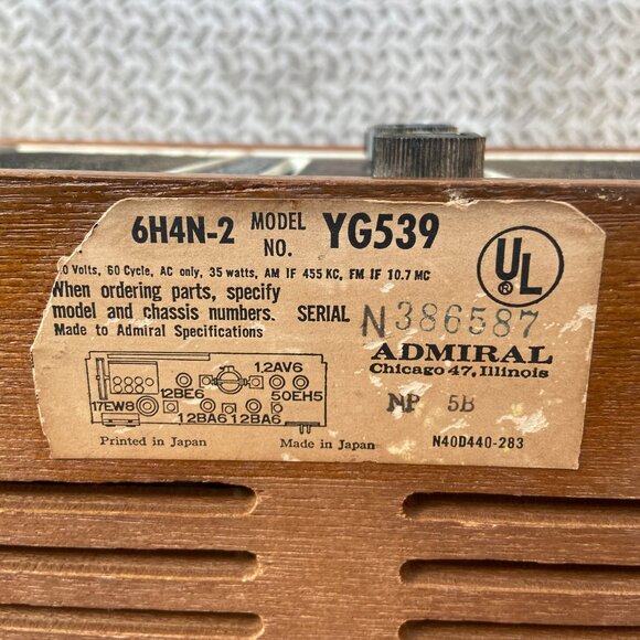 Vintage Admiral AM/FM/Phono Radio TESTED WORKS Model: YG539 6H4N-2 Made In Japan - Picture 14 of 14